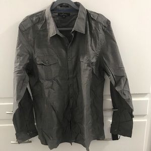Dark gray, long sleeved, button down shirt